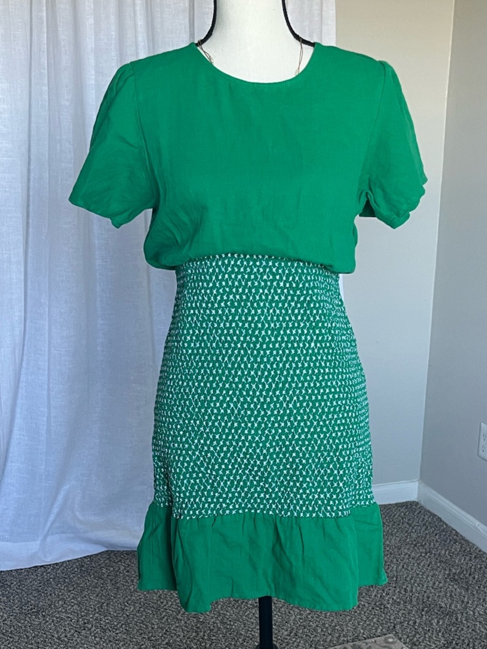 Rue Stiic Green Mini Dress L Linen Blend Smocked Waist Open Back Flutter Sleeve